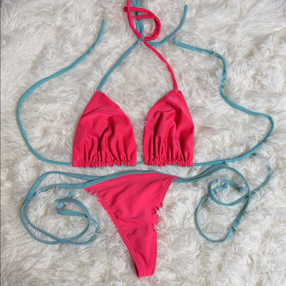 Brazilian Thong Pink and Blue Bikini Set